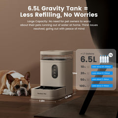 Gardner Pet gravity-fed waterer shows transparent window for quick water level checks.