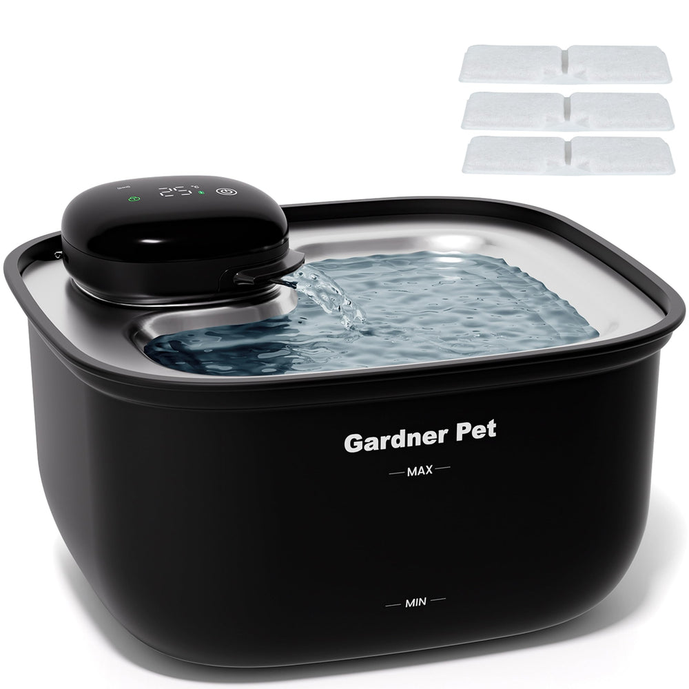 Gardner Pet wireless cat water fountain with stainless-steel tray for clean, accessible hydration.