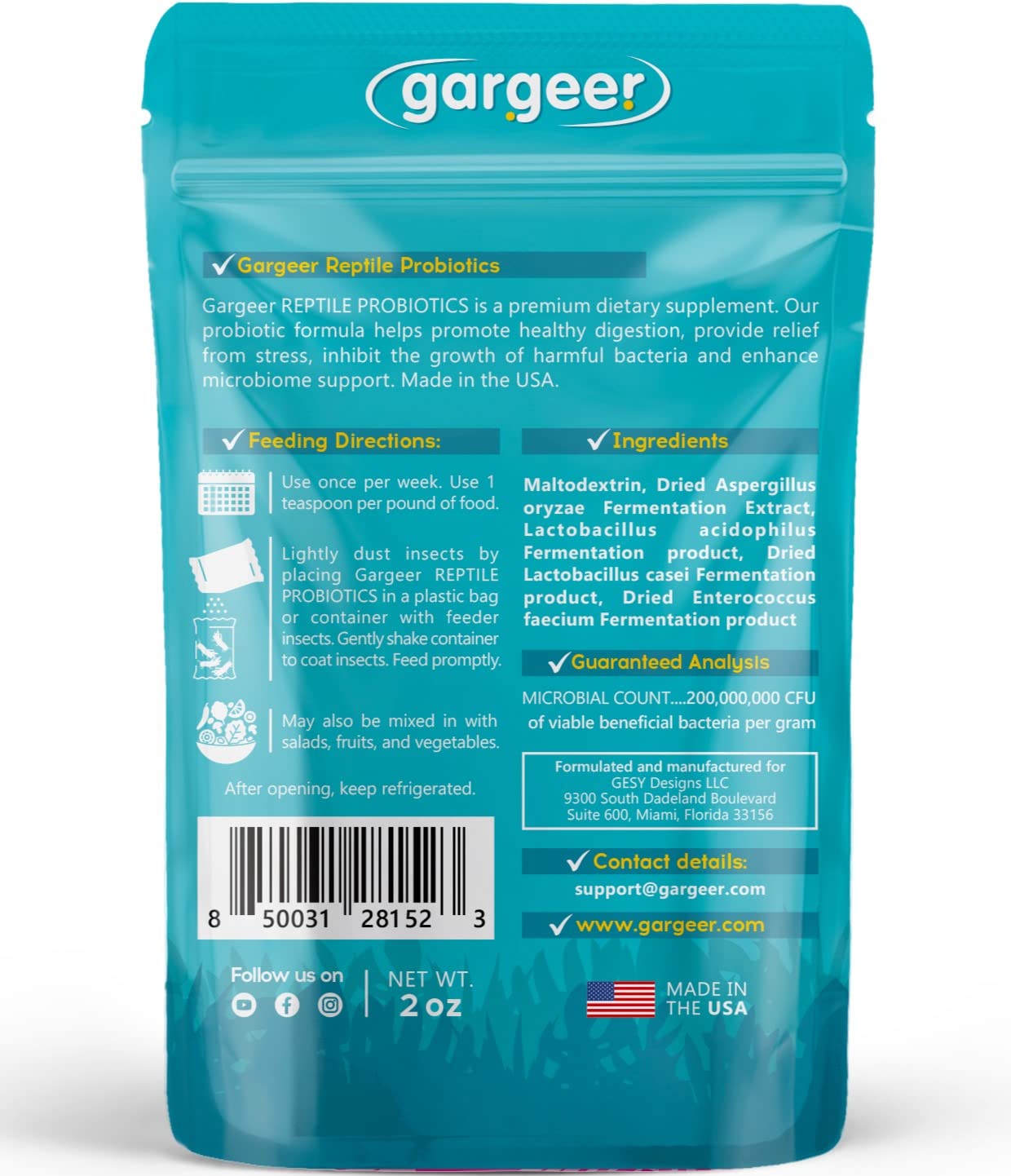 Gargeer Reptile Probiotics jar-open-dispense showing easy one-teaspoon dosing.