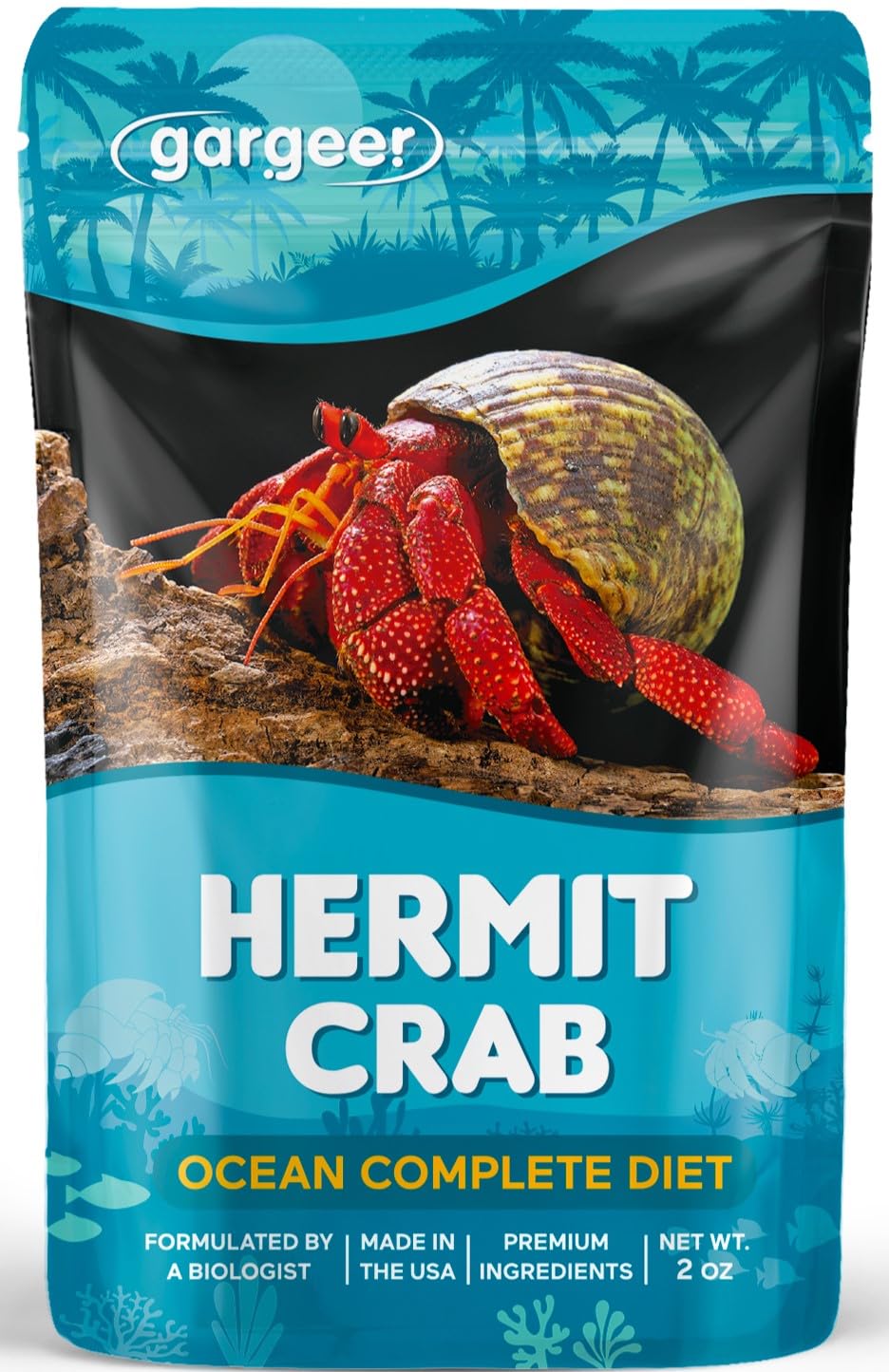 Gargeer 2oz Ocean Blend packaging highlights a complete hermit crab diet.