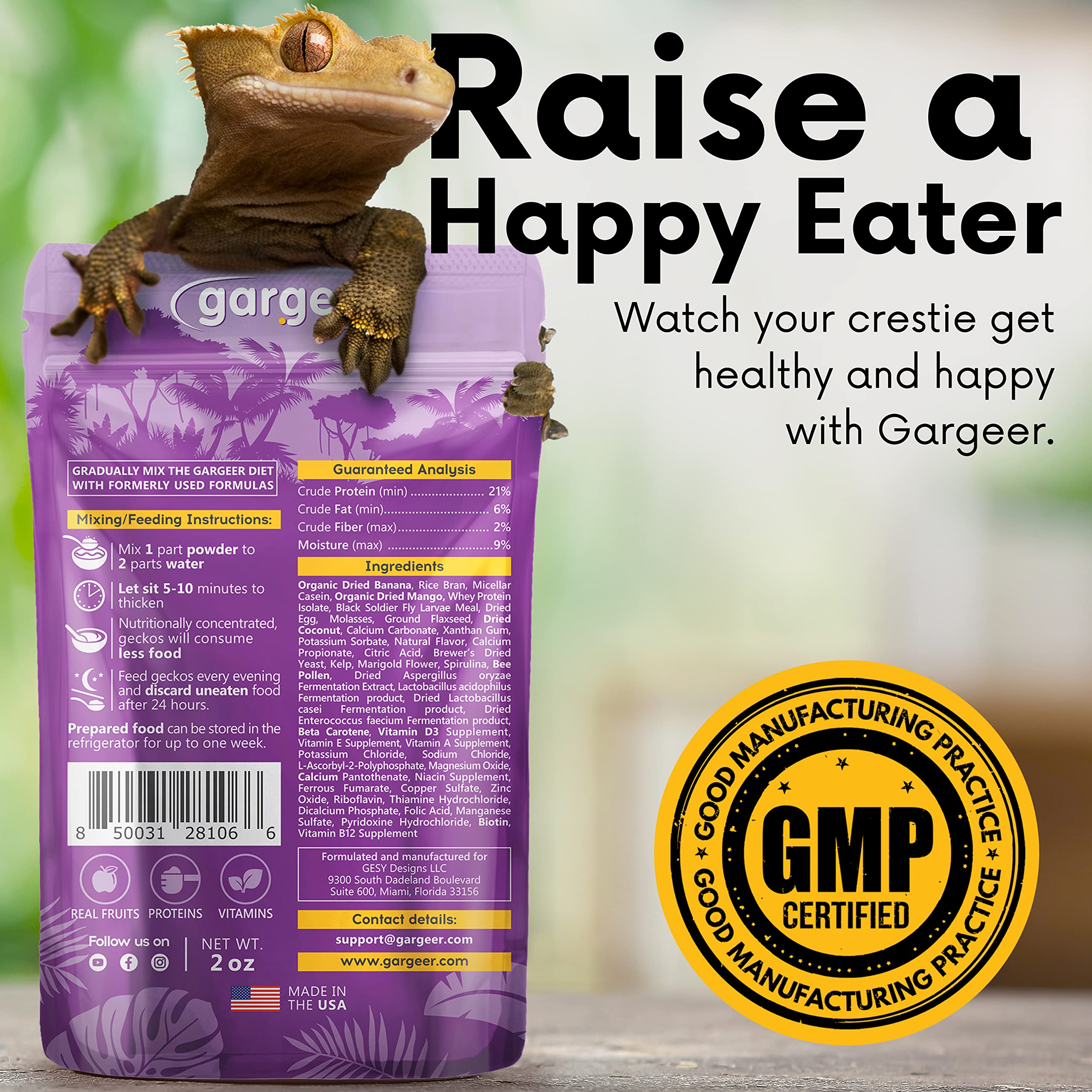 Gargeer complete crested gecko diet powder texture shows premium mix for easy feeding.