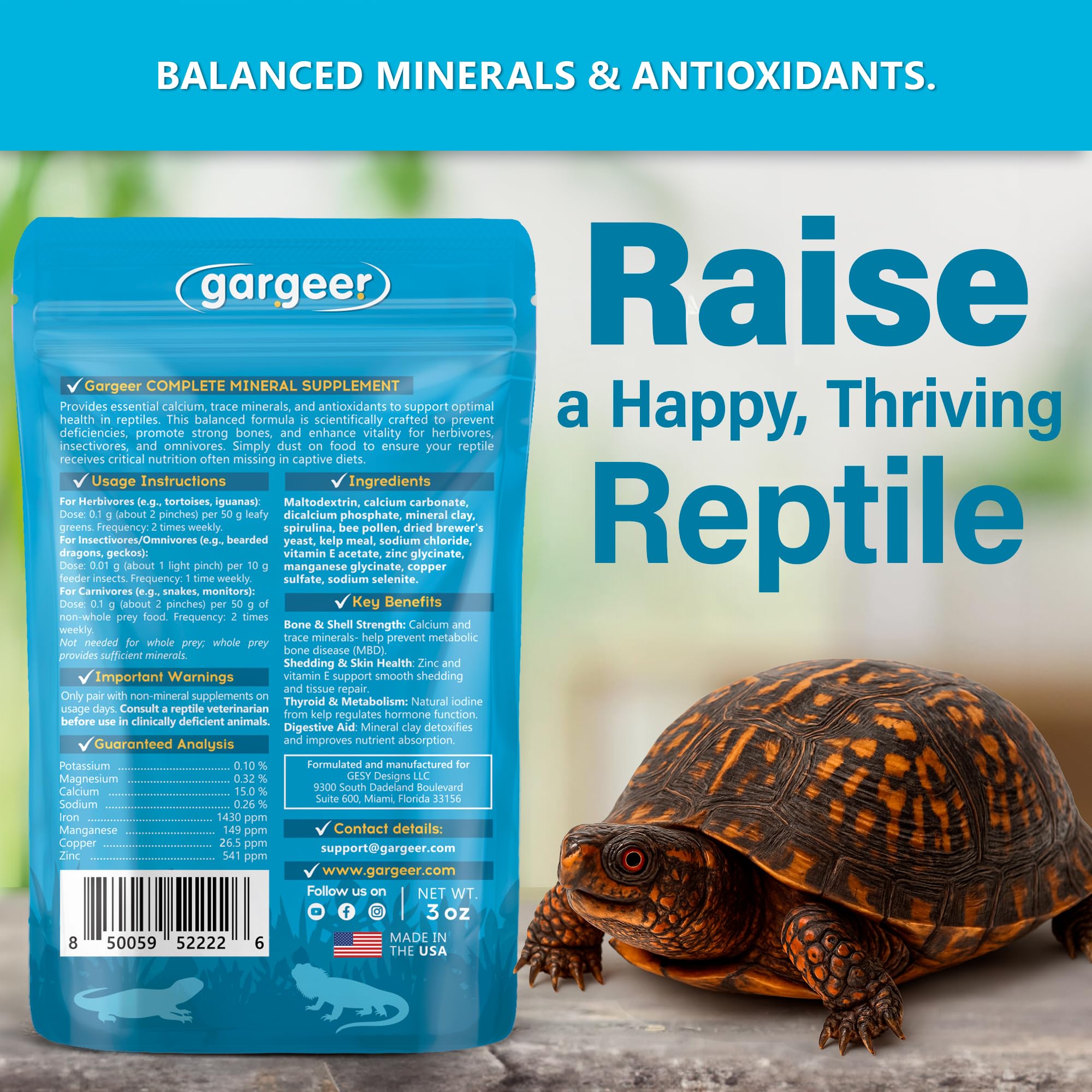 Gargeer Complete Mineral Reptile powder dusted on greens aids balanced micronutrients.