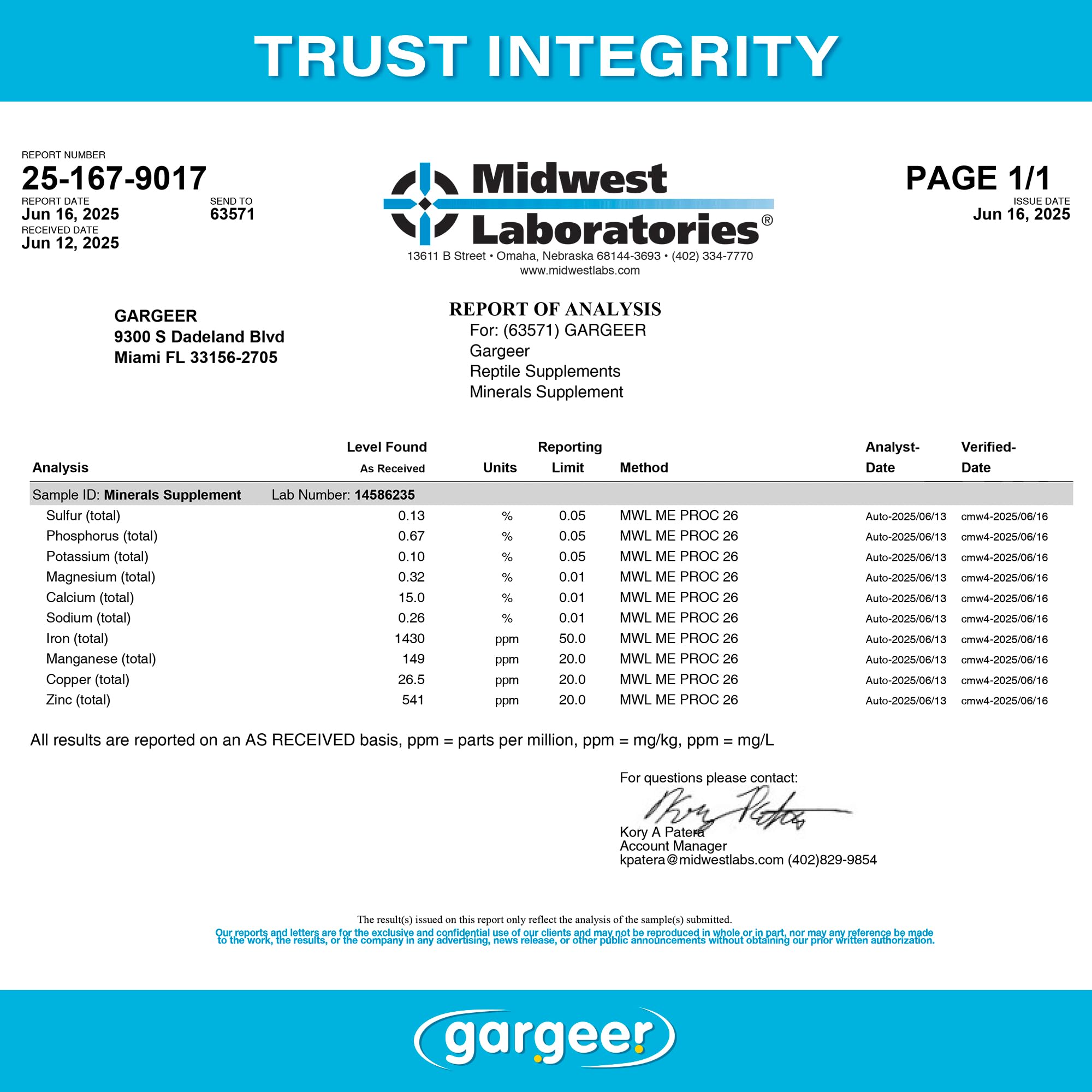 Gargeer Complete Mineral Reptile USA-made label indicates trusted, quality ingredients.