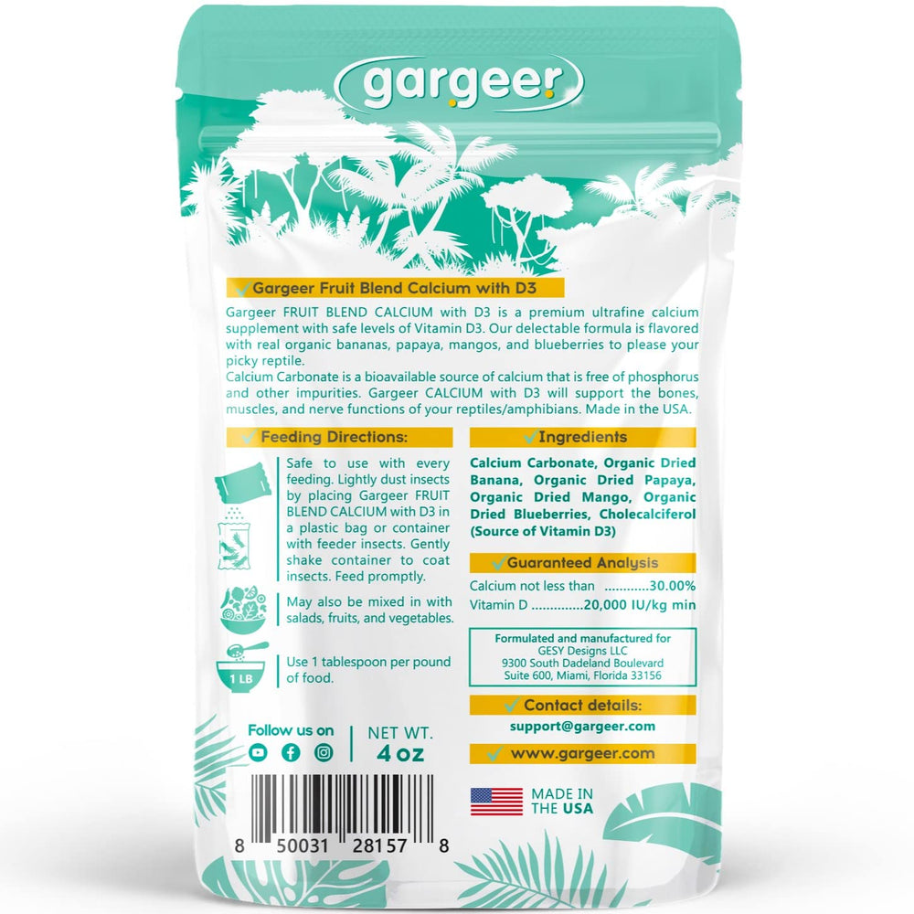 Gargeer fruit-blend calcium on feeder insects for improved palatability.