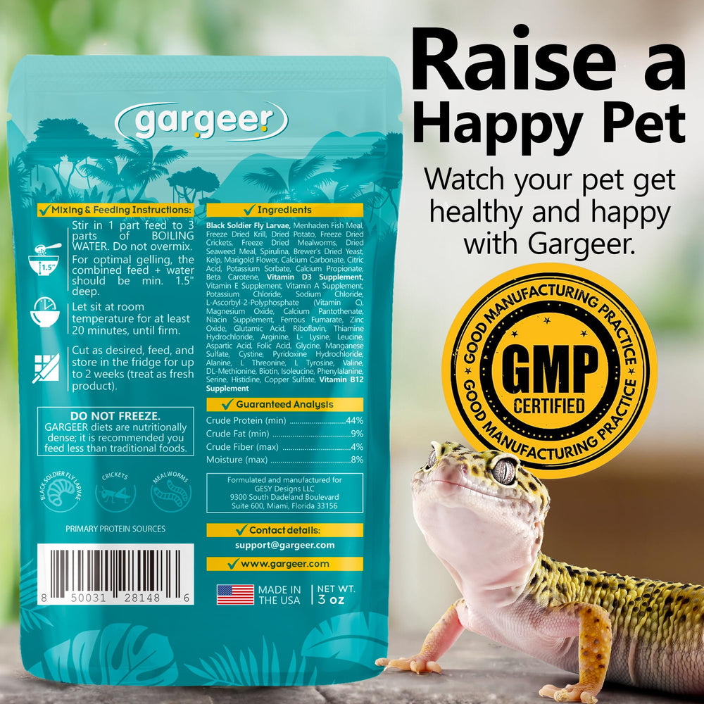 Gargeer Leopard Gecko Food 3oz dry powder packaging ready for mixing