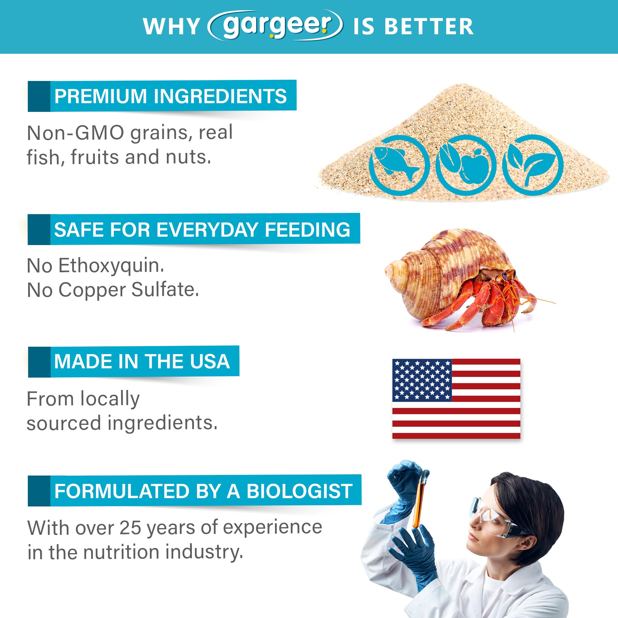 Gargeer Ocean Blend ingredients image features menhaden and krill for omega nutrition.