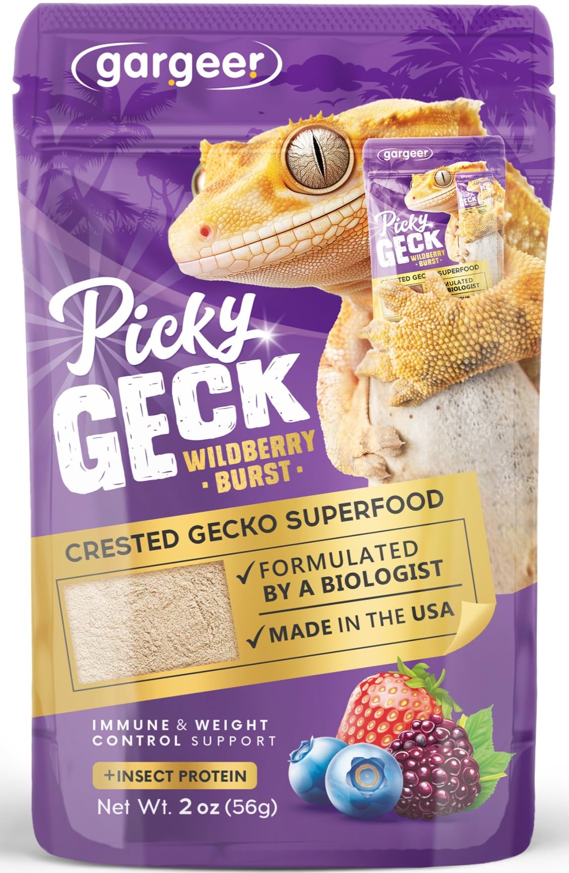 Gargeer Picky Geck Wildberry Burst tub showing premium ingredients for picky geckos and balanced nutrition.