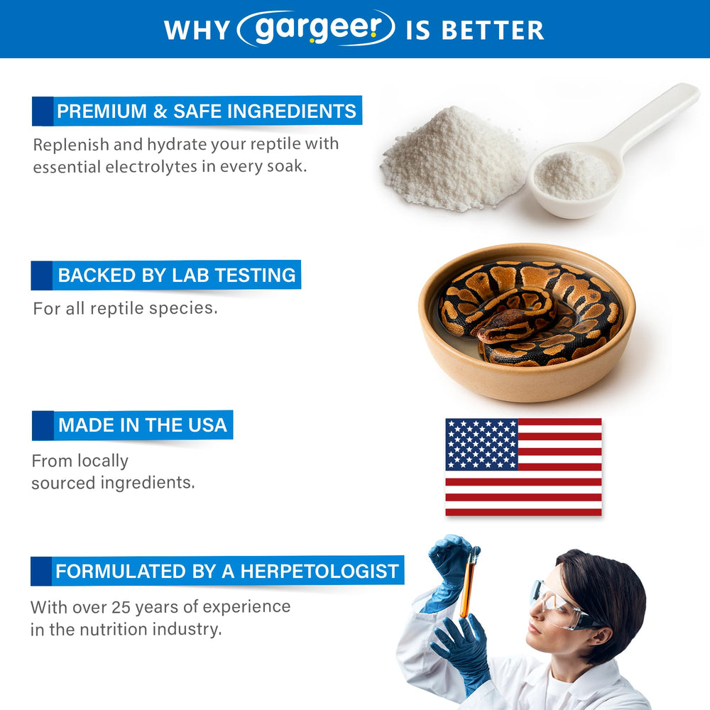 Gargeer ReptiSoak elite formulation with minerals supports balanced recovery.