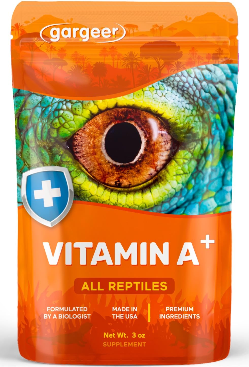 Gargeer Vitamin A Plus supplement bottle shows balanced vitamin A support for reptiles.
