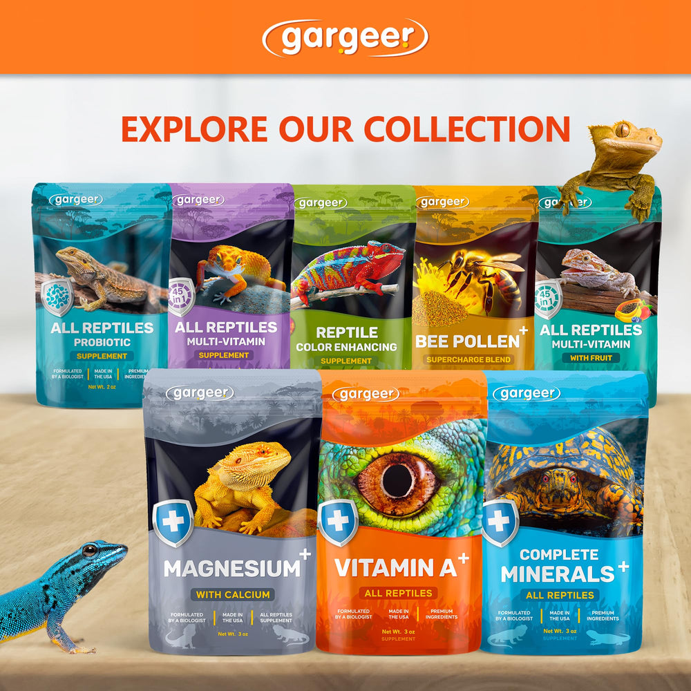 Gargeer Vitamin A Plus packaging emphasizes USA-made quality and dependable reptile nutrition.
