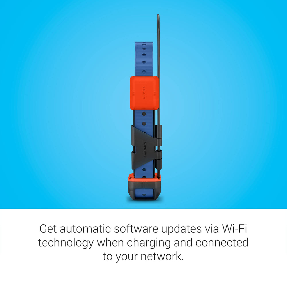 Garmin Alpha T 20 Wi-Fi auto-update badge shows latest software.