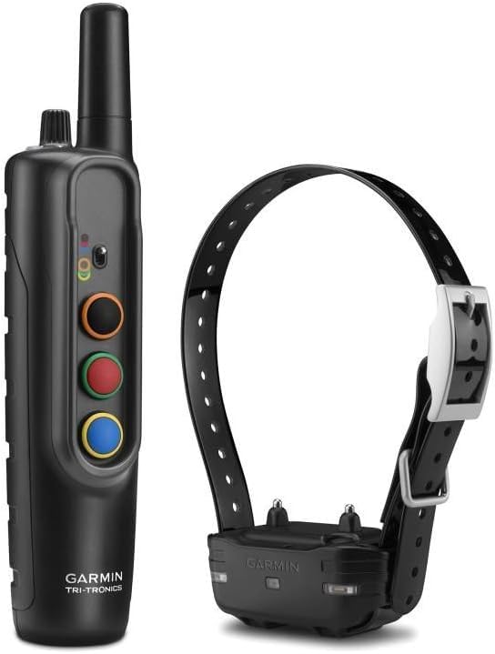 Garmin PRO 70 dog device closeup with collar highlights six-dog training.