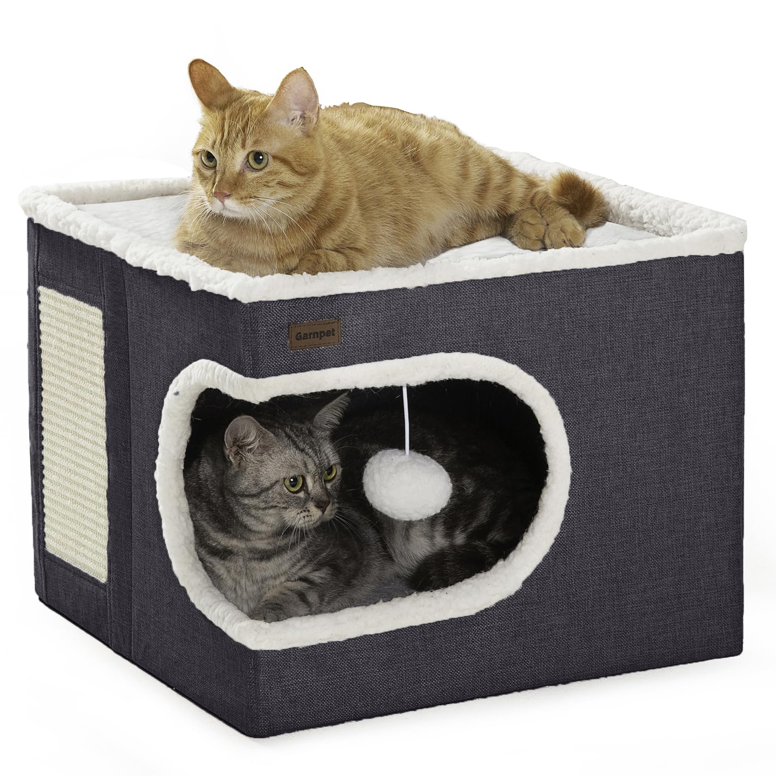 Garnpet cat bed cube house exterior in dark grey, a sturdy indoor retreat.