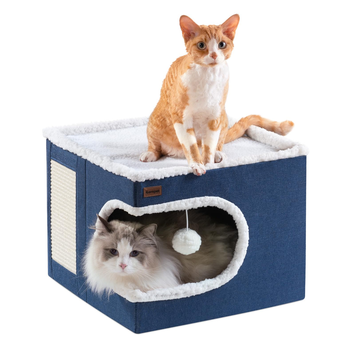 Garnpet cat bed cube house navy exterior shows durable construction for lasting play.