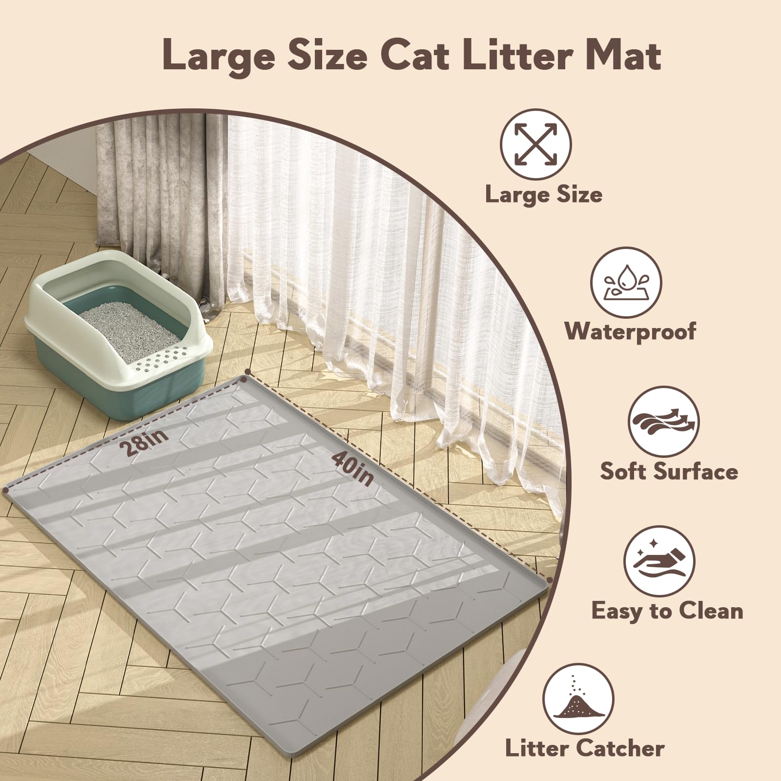 Garoopion cat litter mat in-use by cat demonstrates practical size and spill containment.