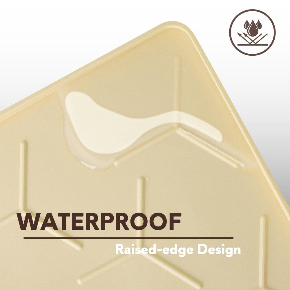 Garoopion silicone cat litter mat beige in-front-of-litter-box blends with decor.