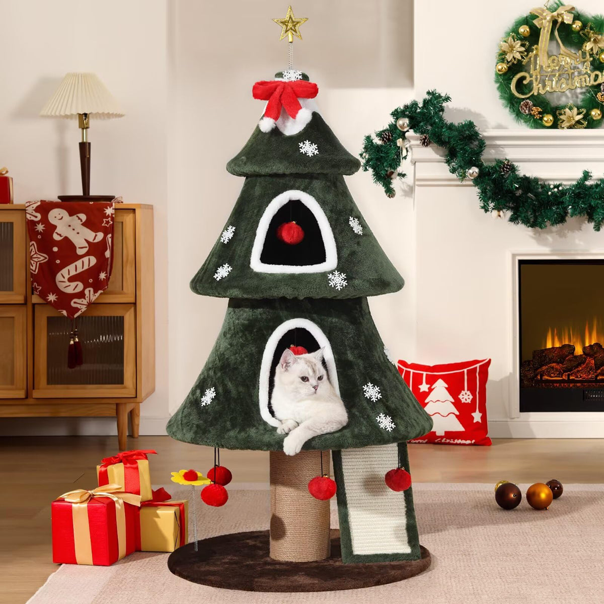 Garsing Christmas Cat Tree Tower base offers stable, wide footing for safe play.