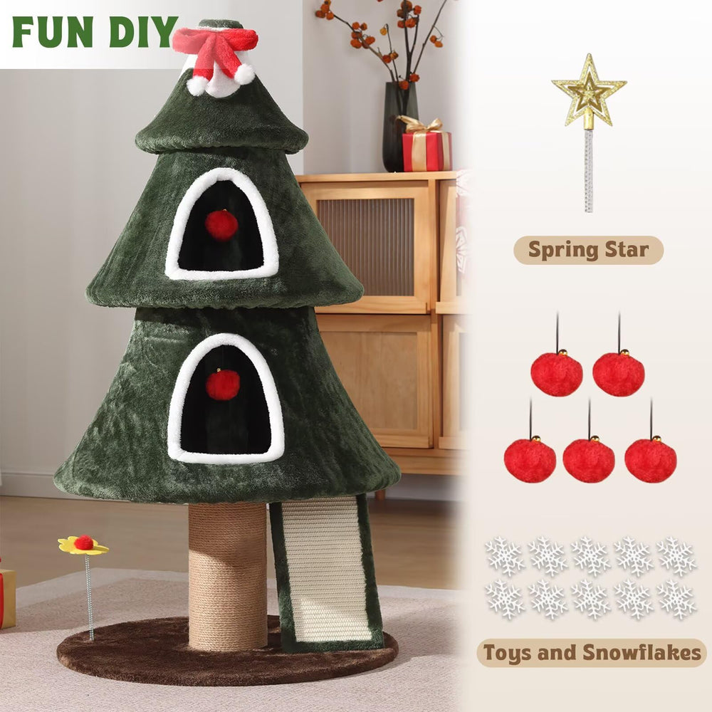 Garsing Christmas Cat Tree Tower includes flower teaser and plush bell toys.