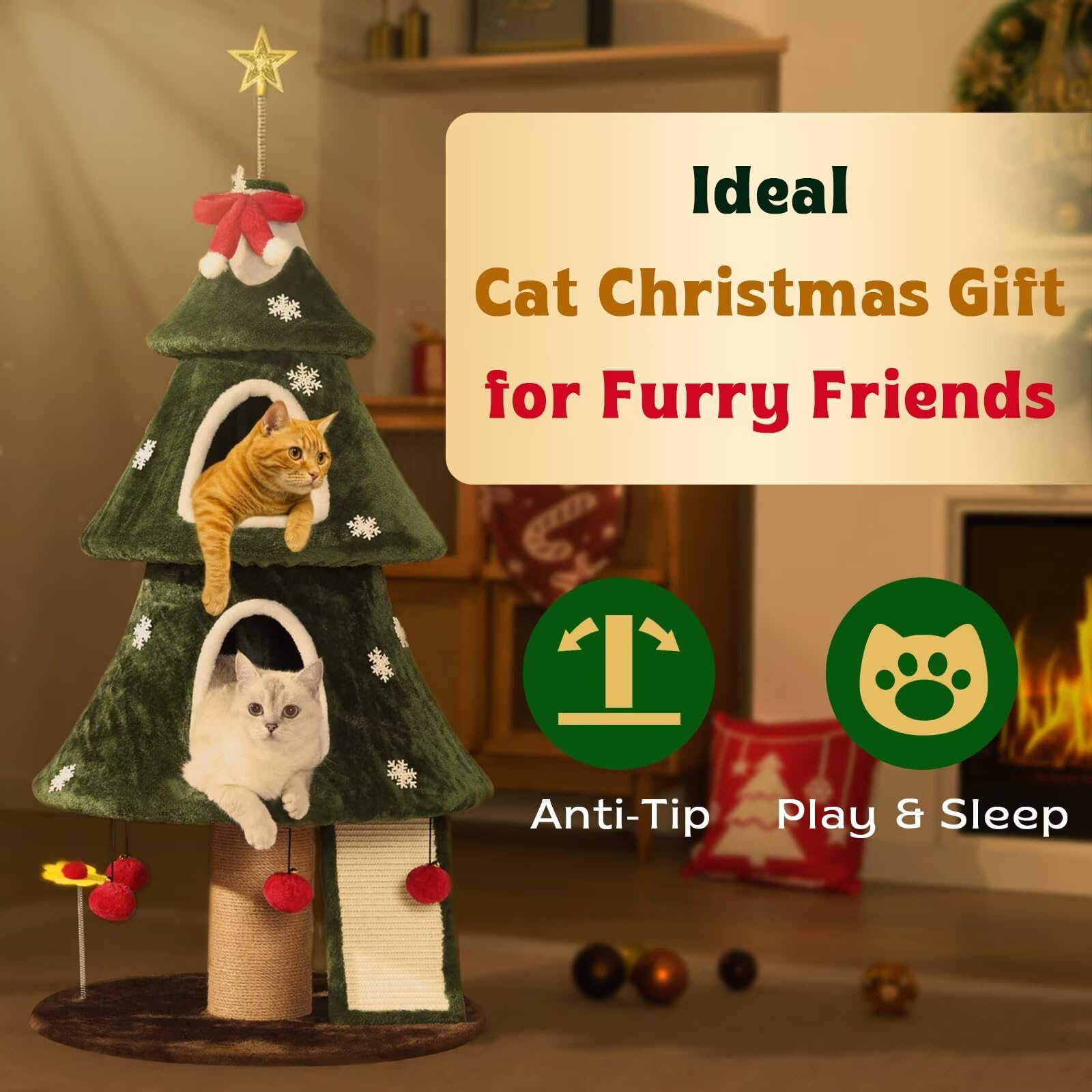 Garsing Christmas Cat Tree Tower exhibits a thick sisal post for scratching.