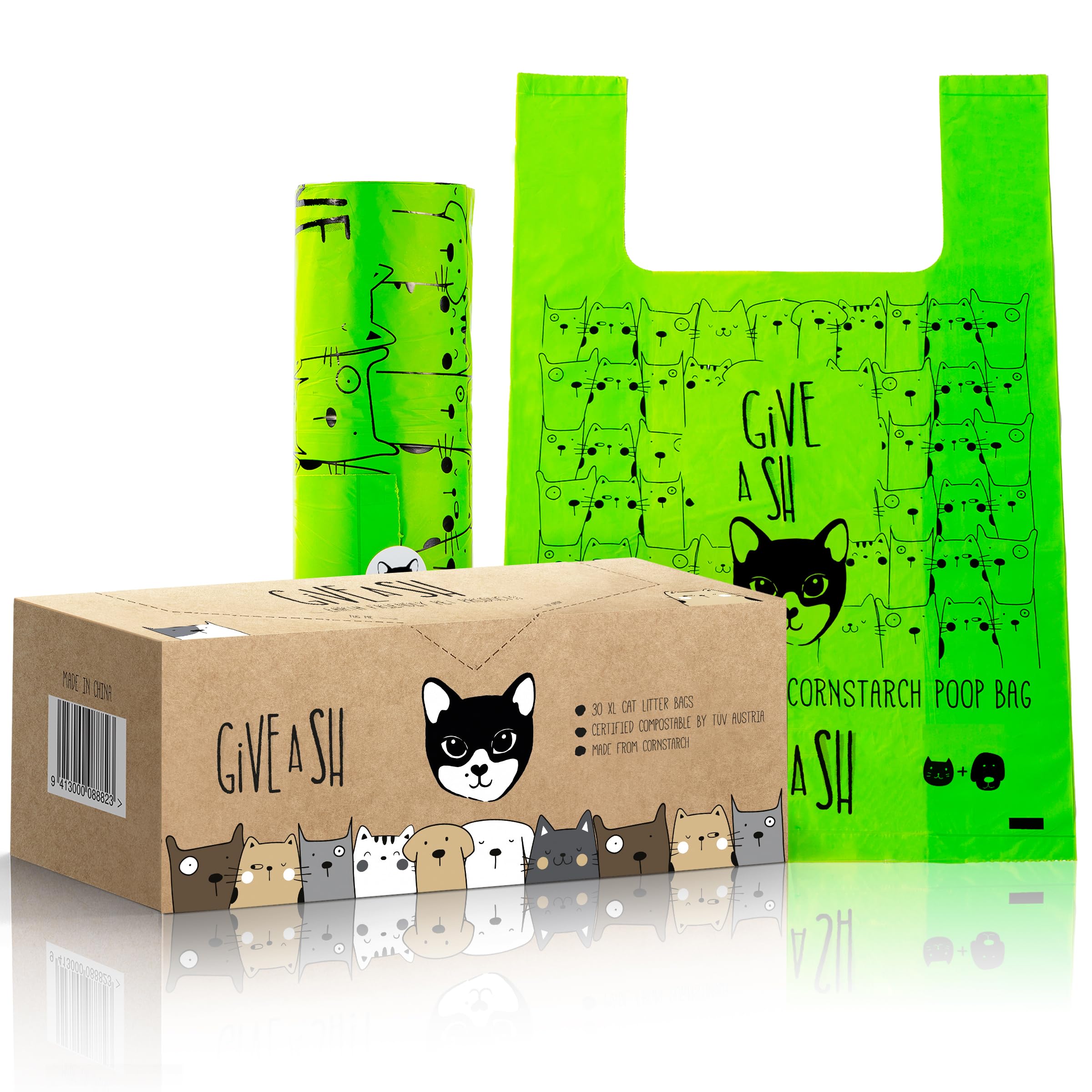 G.A.S cat litter bags packaging box shows eco packaging and compostable design.
