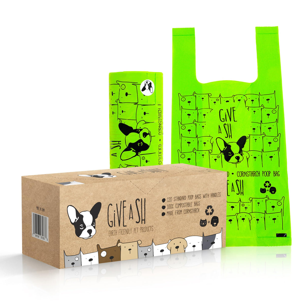 G.A.S certified compostable dog poop bags with handles in box for convenient walks.