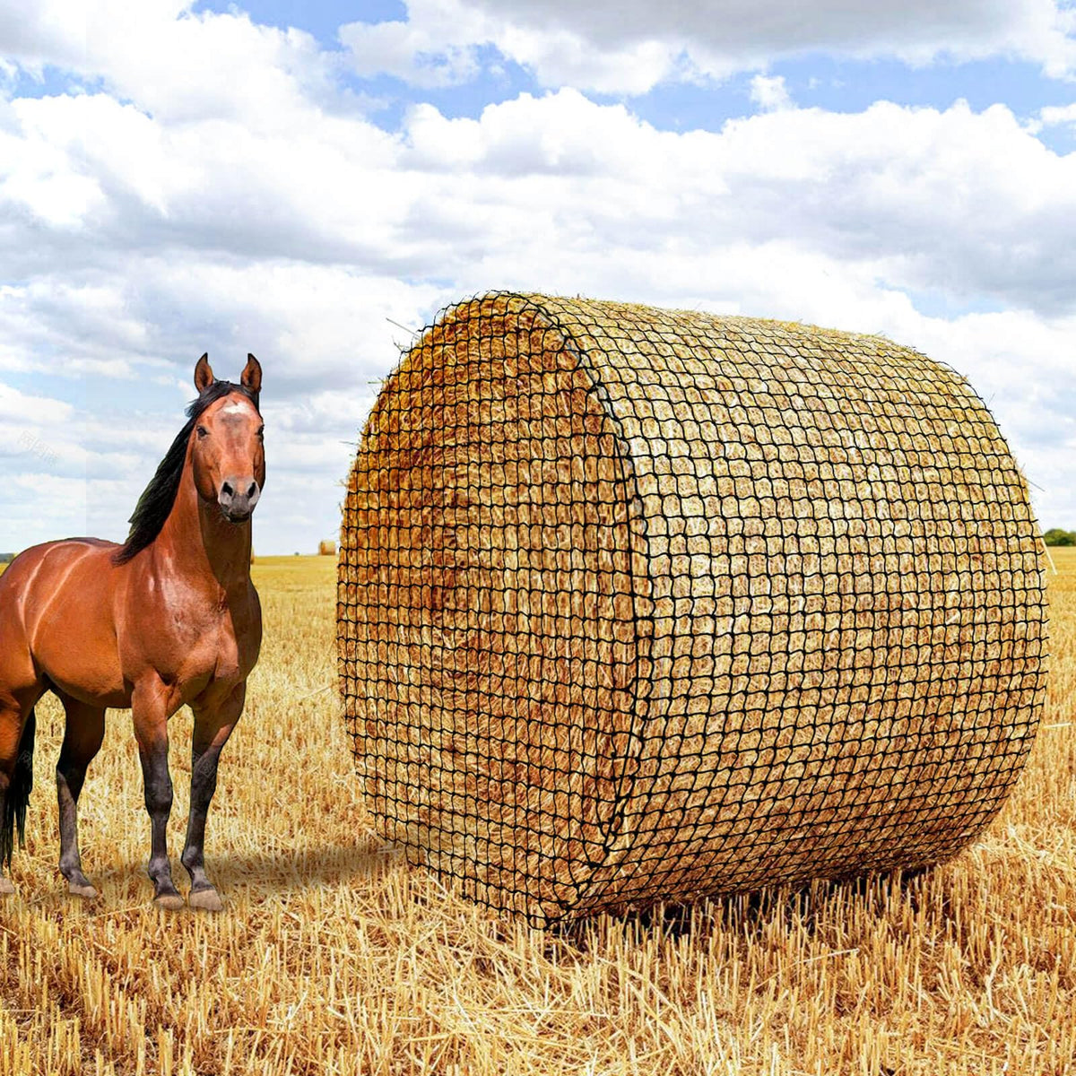 Gasgimos round bale hay net front view shows a clean, controlled feeding solution.