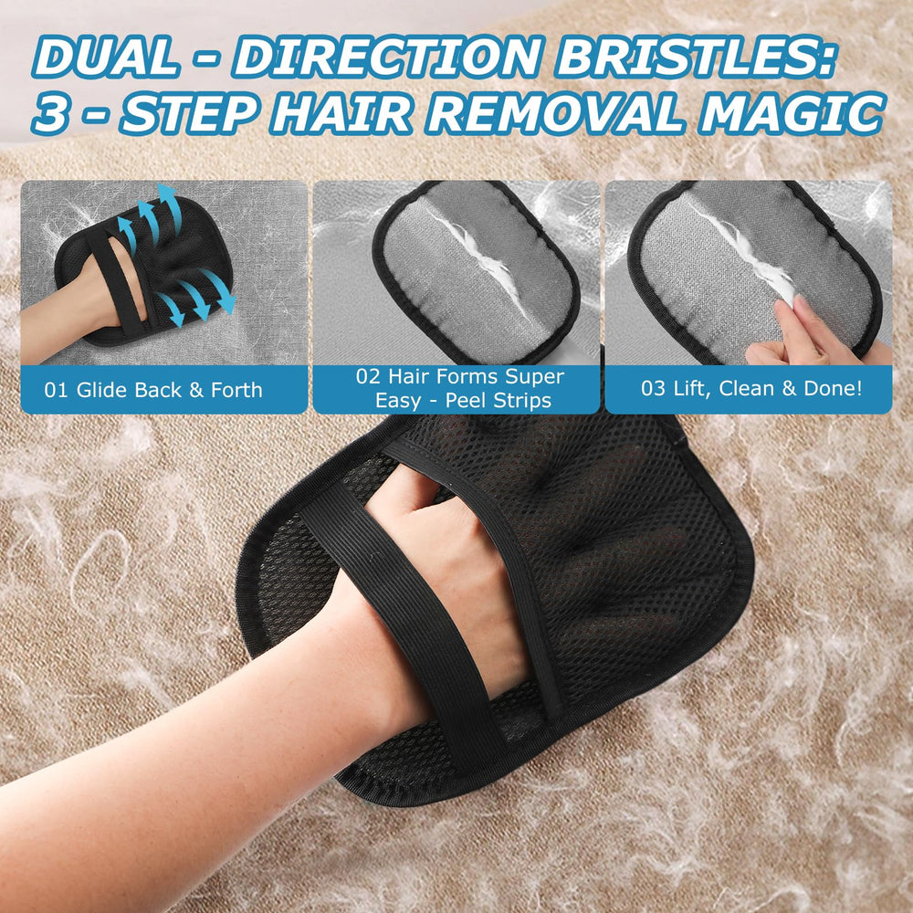 GASRONS grooming glove on sofa demonstrates efficient fur removal for furniture