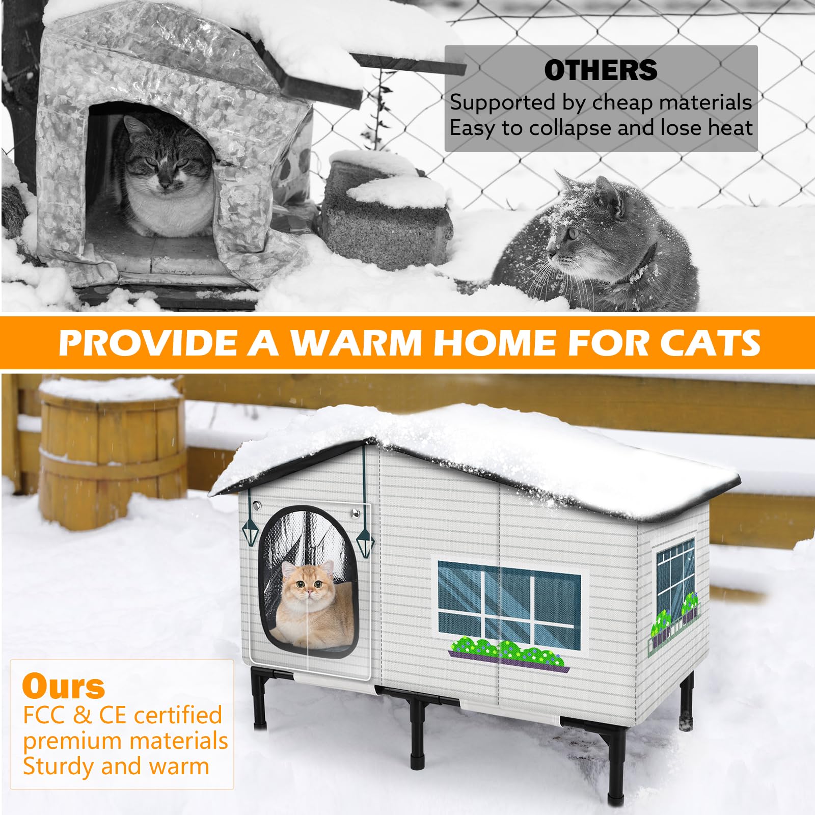 GASUR Weatherproof Cat House elevated base keeps the shelter dry