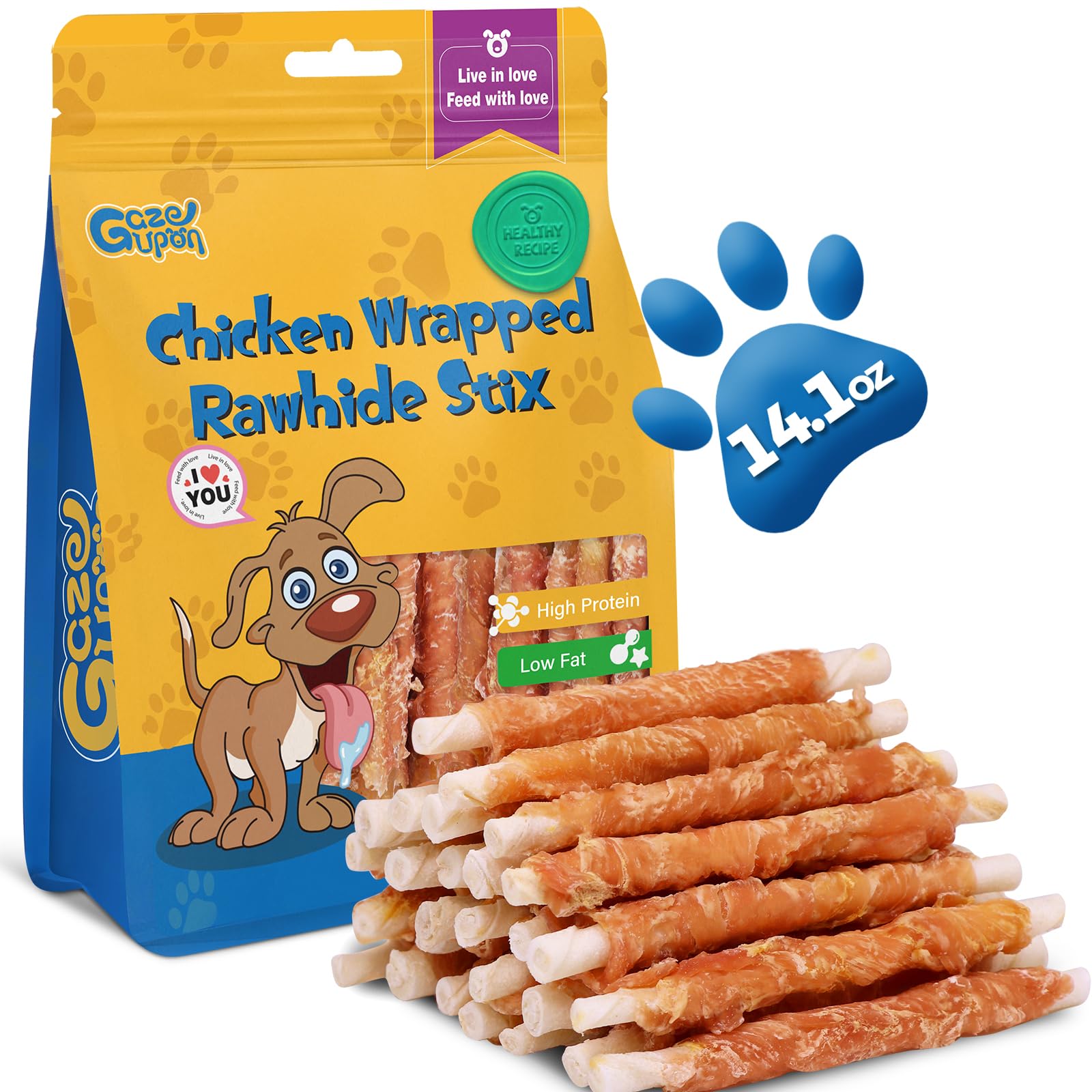 Gazeupon chicken wrapped rawhide packaging highlights wholesome ingredients for dogs.