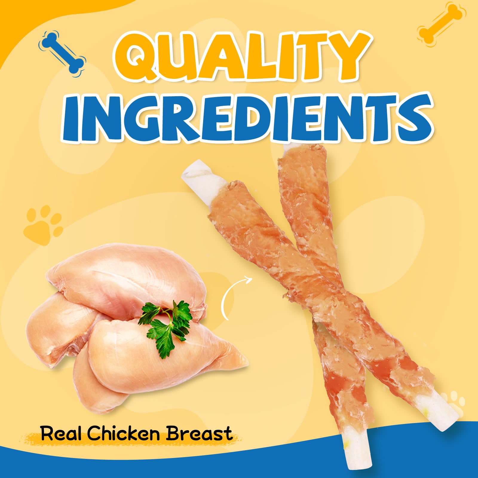 Gazeupon chicken wrapped rawhide stick closeup reveals chewy texture ideal for training rewards.