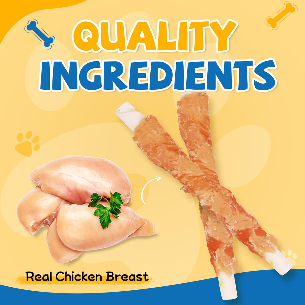 Gazeupon chicken wrapped rawhide stick closeup reveals chewy texture ideal for training rewards.