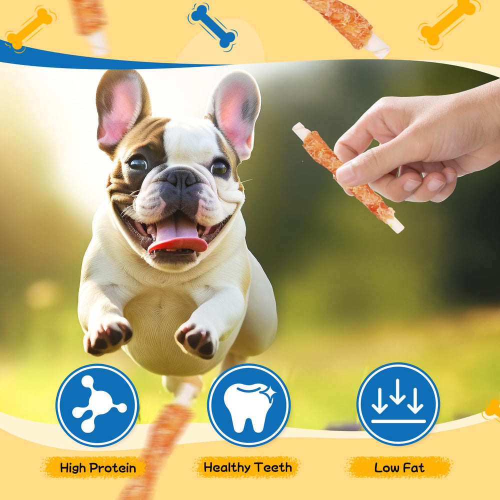 Gazeupon chicken wrapped rawhide chew closeup suggests plaque-control action during playtime.