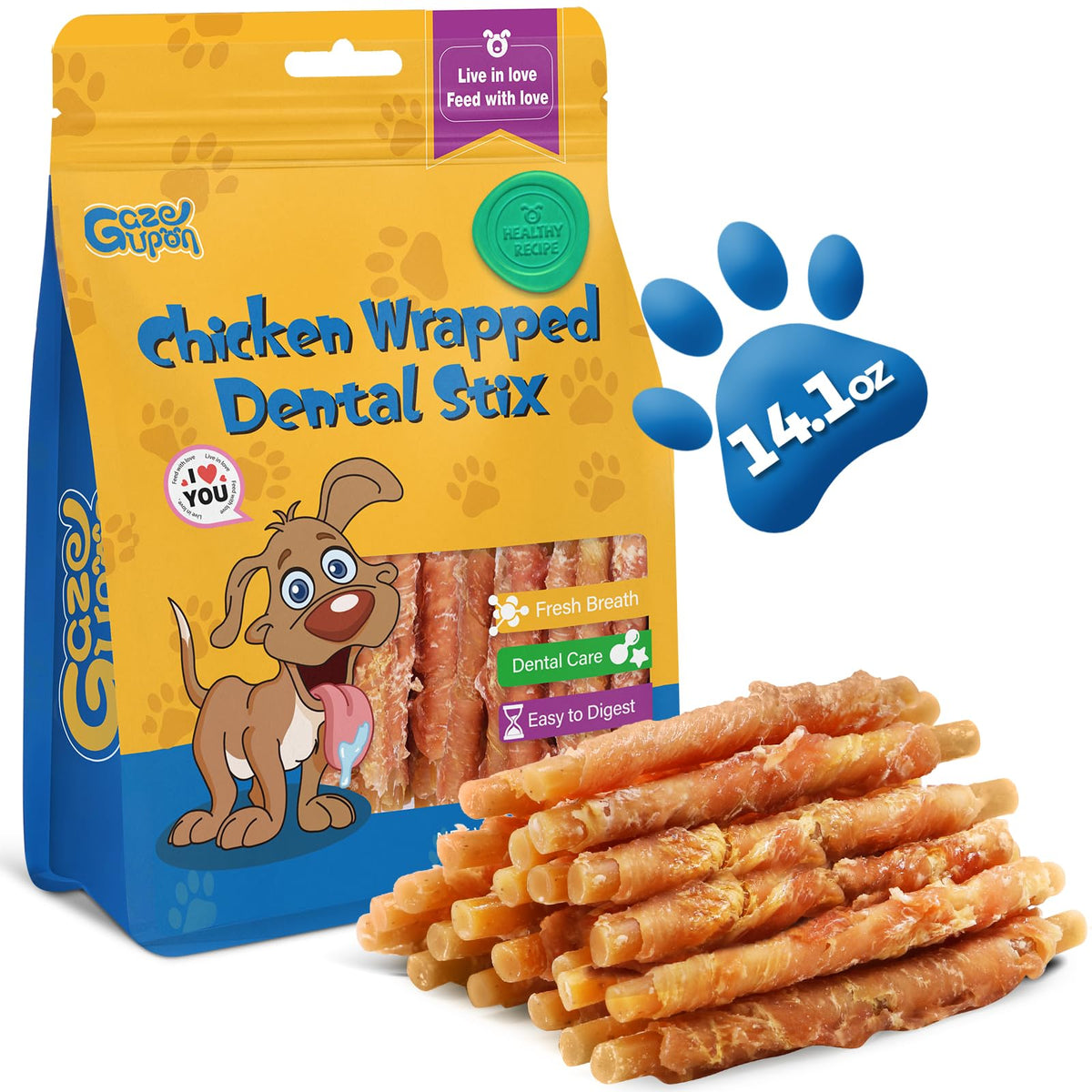 Gazeupon dog dental treats chicken-wrapped peanut butter stick close-up showing chewy texture for training