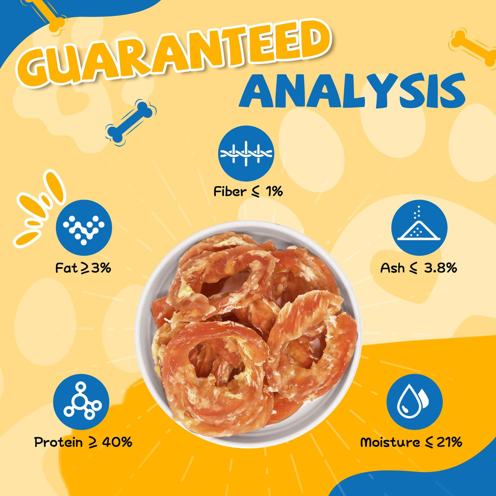 Gazeupon Dog Treats Chicken Jerky Rings bag open emphasizes preservative-free ingredients.