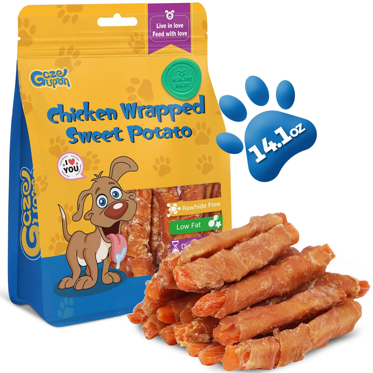Gazeupon dog treats, chicken-wrapped sweet potato, protein-rich snack for dogs.