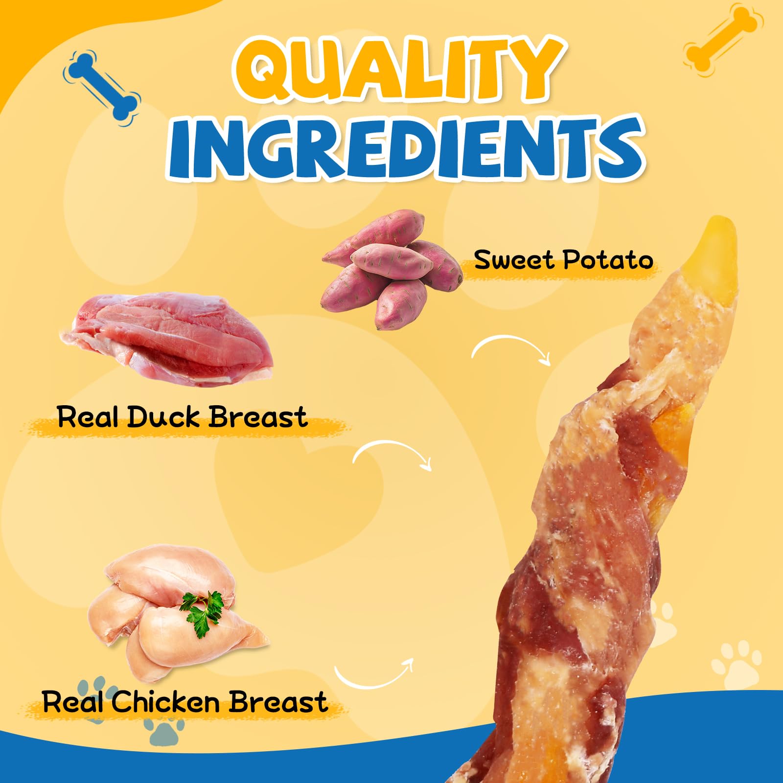 Gazeupon dog treats close-up highlights protein-rich chicken and duck wrapped in sweet potato