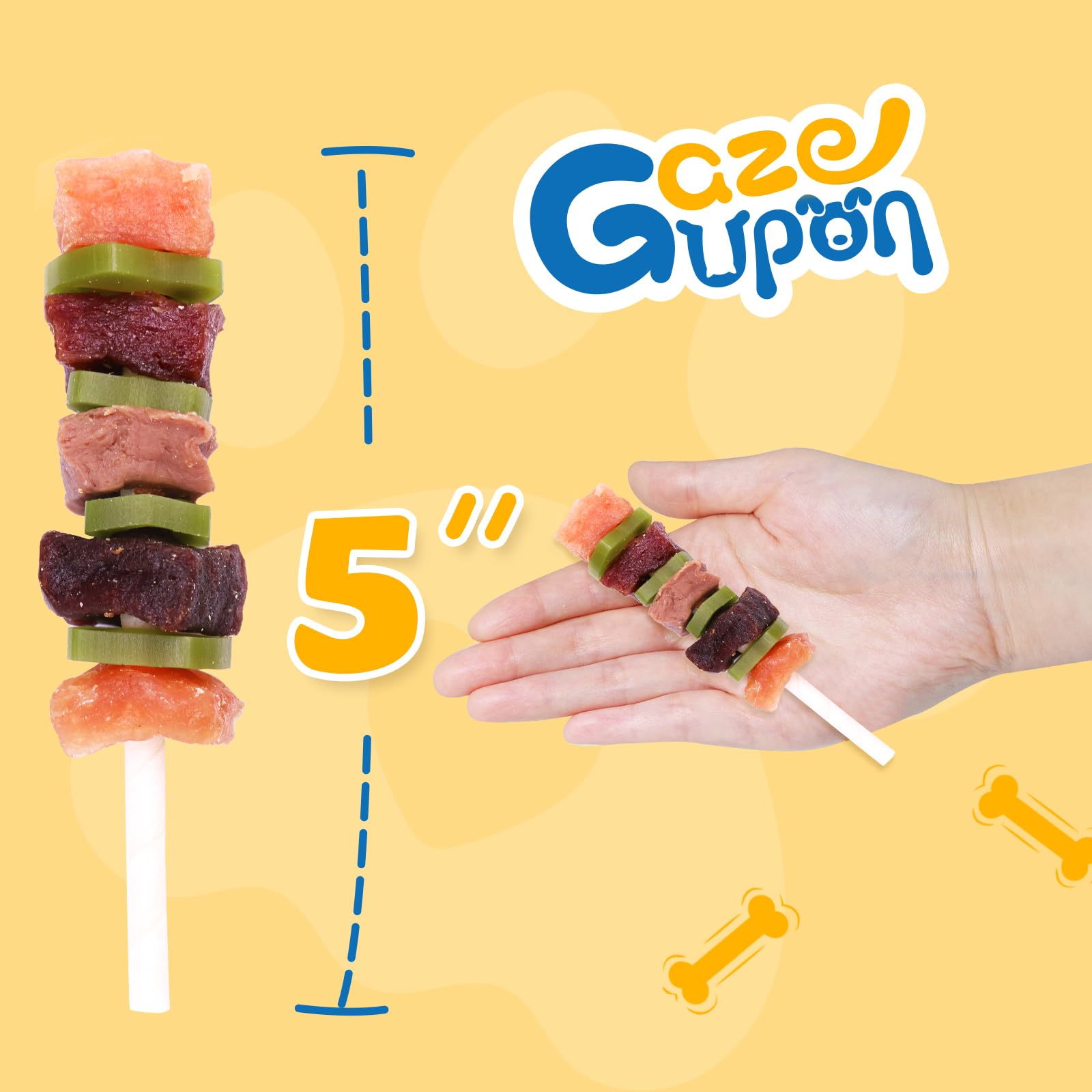Gazeupon dog treats kabob-time—fun shape enhances engagement during training