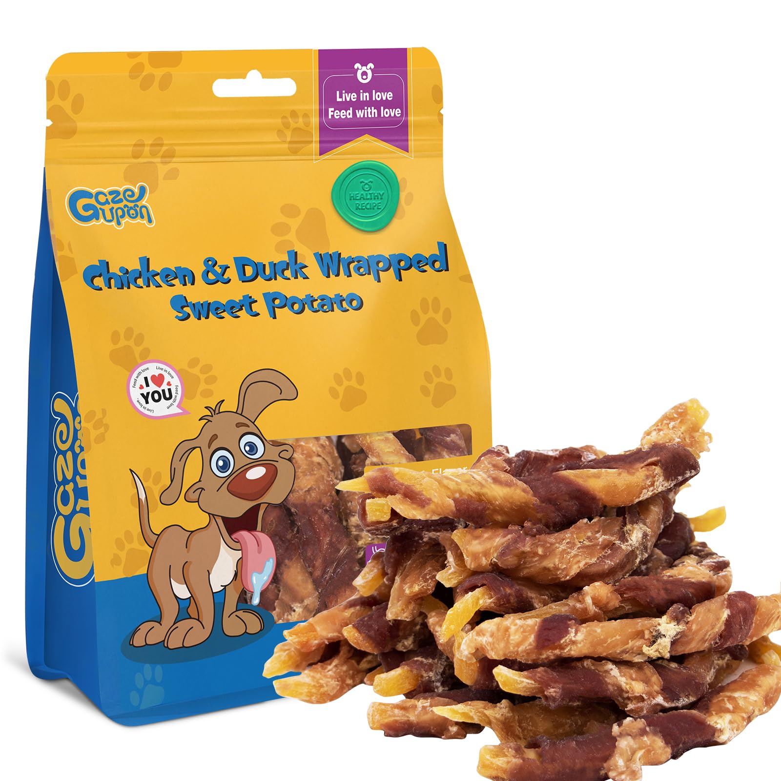 Gazeupon dog treats packaging shows chicken-duck wrapped sweet potato for wholesome snacking