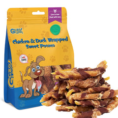 Gazeupon dog treats packaging shows chicken-duck wrapped sweet potato for wholesome snacking