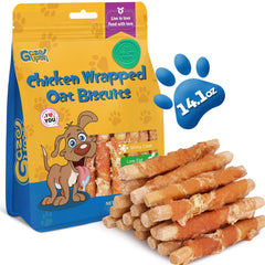 Gazeupon dog treats packaging with chicken-wrapped oat biscuits for training rewards