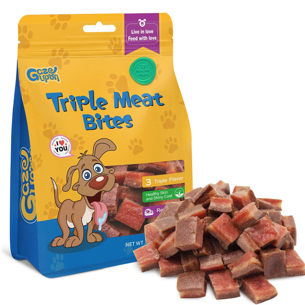 gazeupon dog treats triple-flavor bites show chicken-duck-beef textures for training rewards