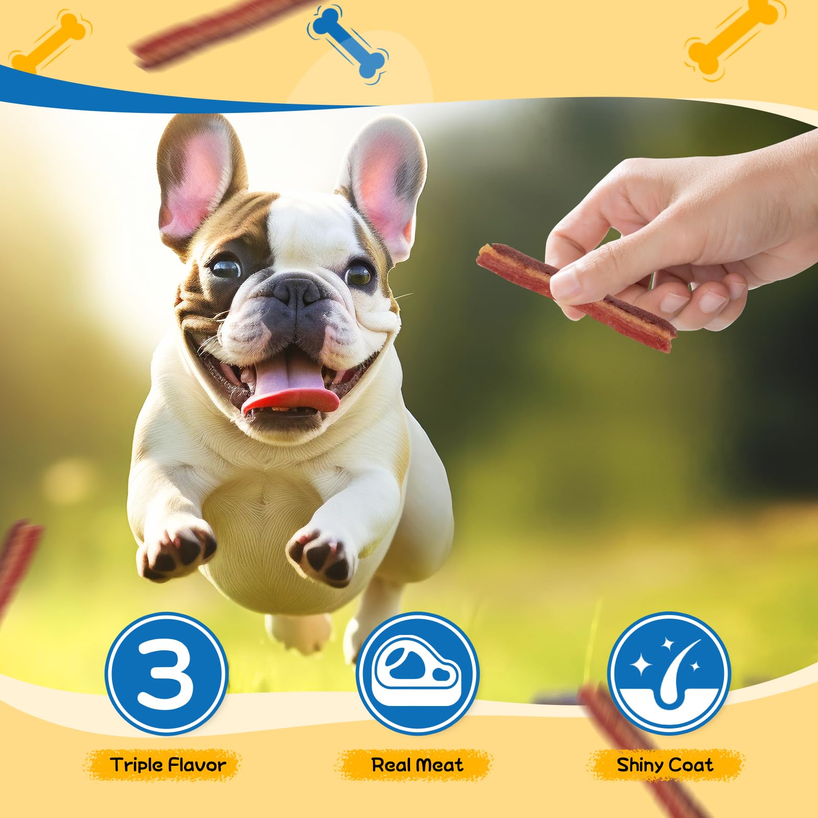 Gazeupon real-meat jerky with chicken duck and beef visuals, protein-forward snack concept.
