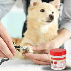 G.B.S Styptic Powder apply-to-paw shows quick application during nail trimming.