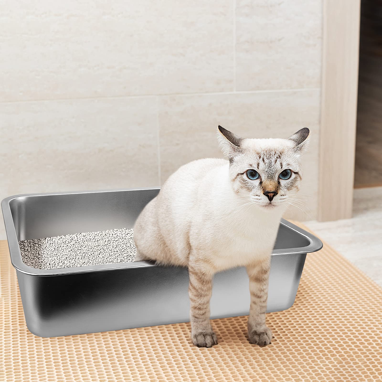 GCVOPTON stainless steel cats litter box round design reduces sharp edges