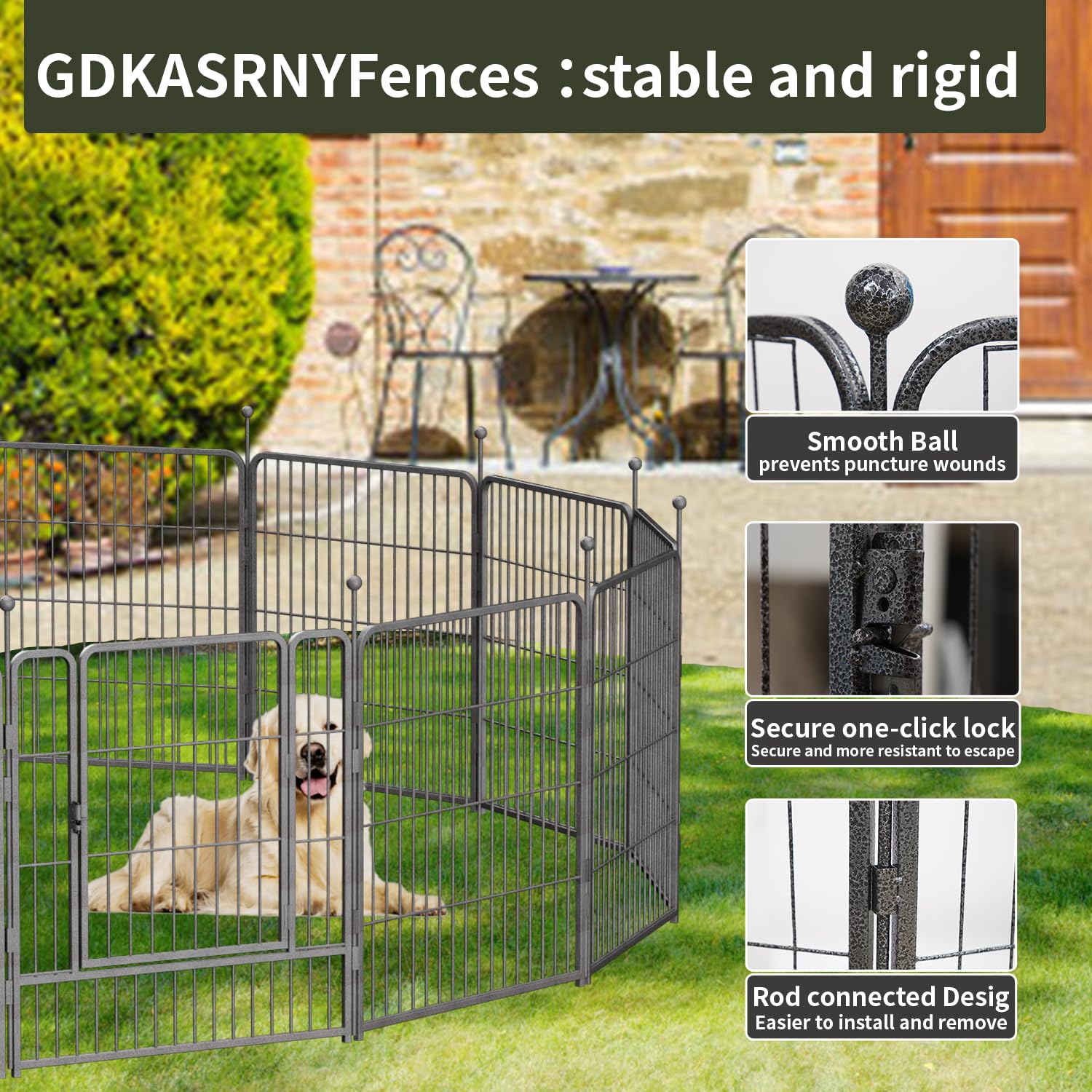 GDKASRNY dog playpen anti-rust finish keeps outdoor use looking new.