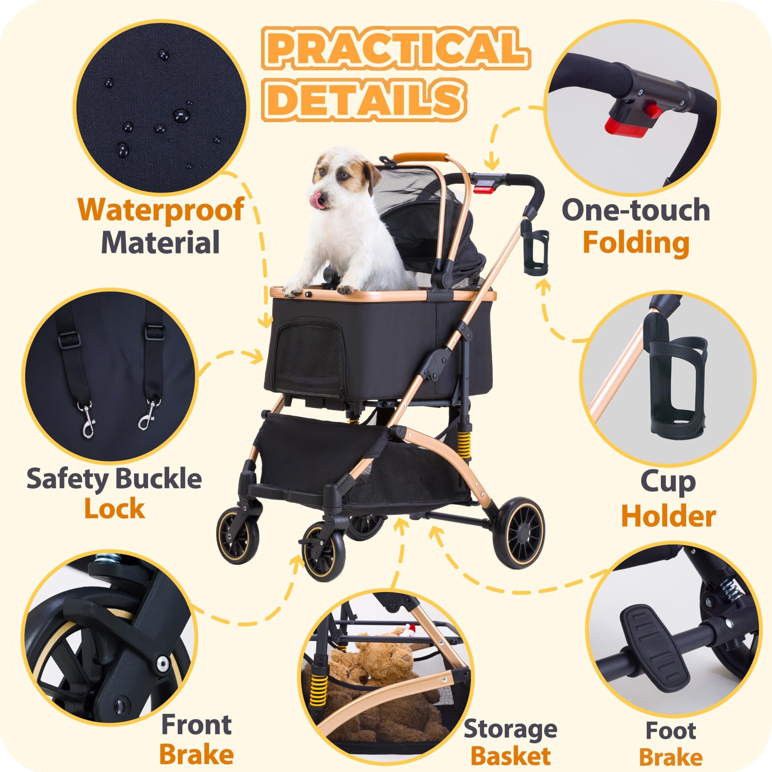GdnWings pet stroller front wheels rotate 360 degrees for agile steering