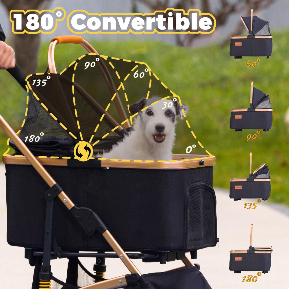 GdnWings pet stroller in-use with small dog demonstrates travel-ready setup