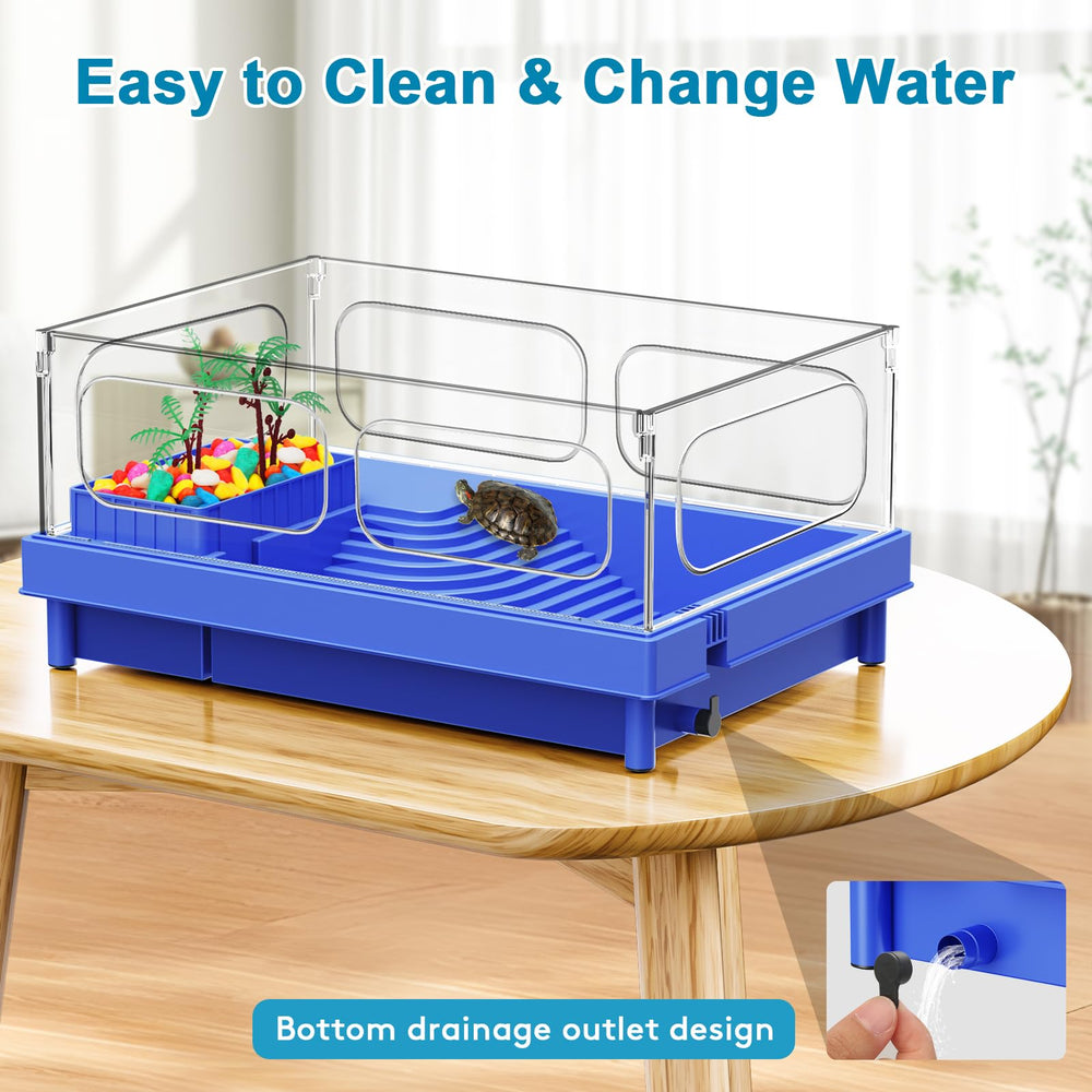 Geegoods Turtle Tank blue side view demonstrates space saving enclosure