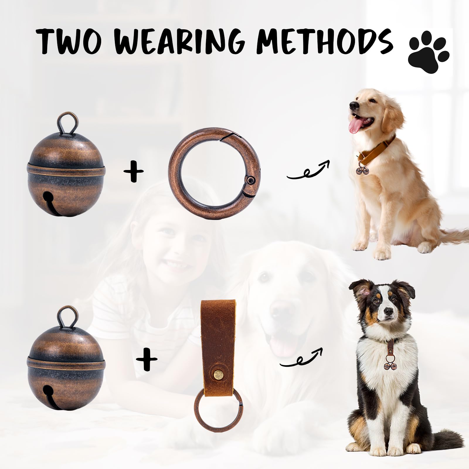 Geehouz dog collar bells on a collar demonstrating easy one-step attachment for tracking.