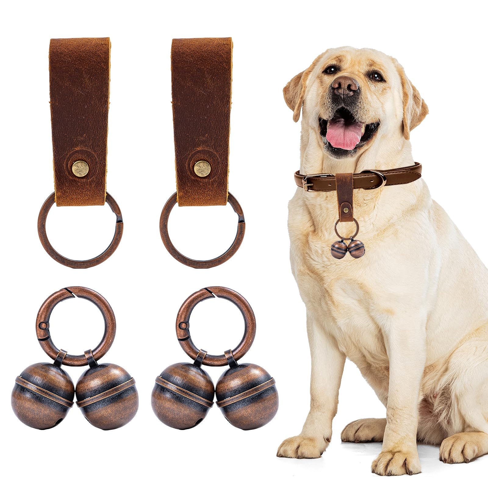 Geehouz dog collar bells packaged set includes leather straps and rings for secure attachment.